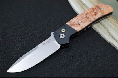 Pro Tech Terzuloa ATCF Auto - Black Aluminum & Maple Burl Handle / 3D Titanium Clip / Stonewash Drop Point Blade / CPM-Magnacut Steel / Mosaic Push Button BT2706