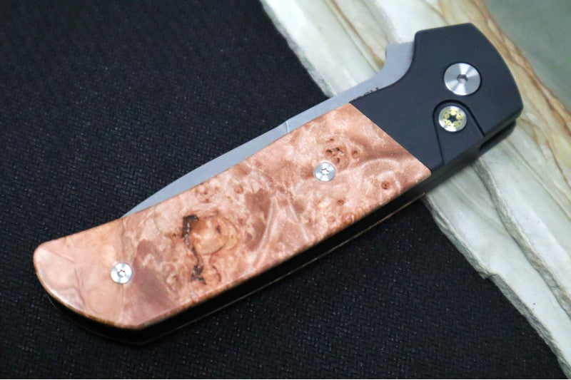 Pro Tech Terzuloa ATCF Auto - Black Aluminum & Maple Burl Handle / 3D Titanium Clip / Stonewash Drop Point Blade / CPM-Magnacut Steel / Mosaic Push Button BT2706 - Northwest Knives