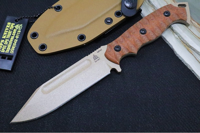 Tops M-PAT Fixed Blade - 1095 Steel / Tan Canvas Micarta Handle / Coyote Tan Kydex Sheath MPAT-01 - Northwest Knives