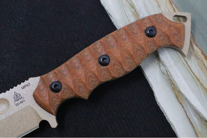 Tops M-PAT Fixed Blade - 1095 Steel / Tan Canvas Micarta Handle / Coyote Tan Kydex Sheath MPAT-01 - Northwest Knives