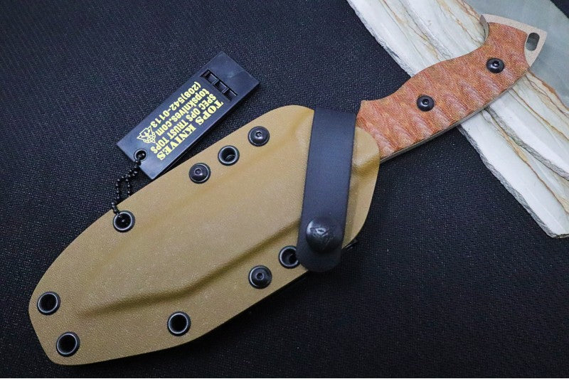 Tops M-PAT Fixed Blade - 1095 Steel / Tan Canvas Micarta Handle / Coyote Tan Kydex Sheath MPAT-01 - Northwest Knives