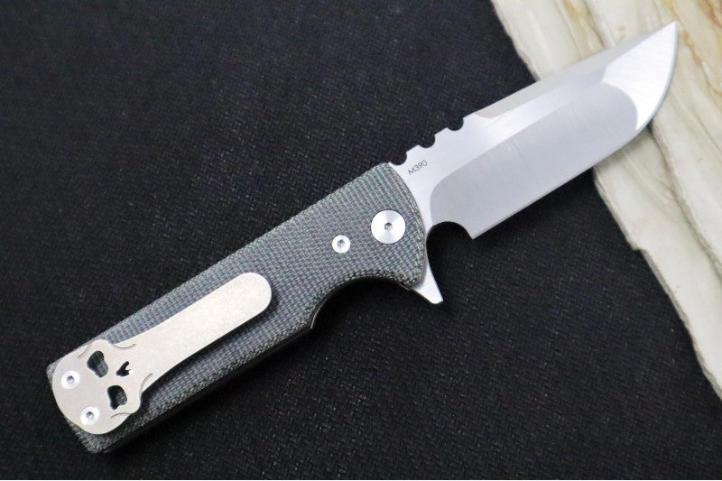 Chaves Knives T.A.K. Flipper - Black Canvas Micarta Handle / Belt Finish / Drop Point Blade / M390 Steel