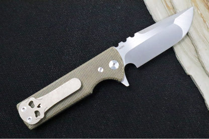 Chaves Knives T.A.K. Flipper - Green Canvas Micarta Handle / Belt Finish / Drop Point Blade / M390 Steel