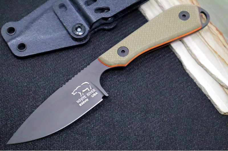 White River Knives Backpacker Pro - OD Green & Orange G10 Handle / CPM-S35VN / Black IonBond Coating WRM1-TGO-CBI