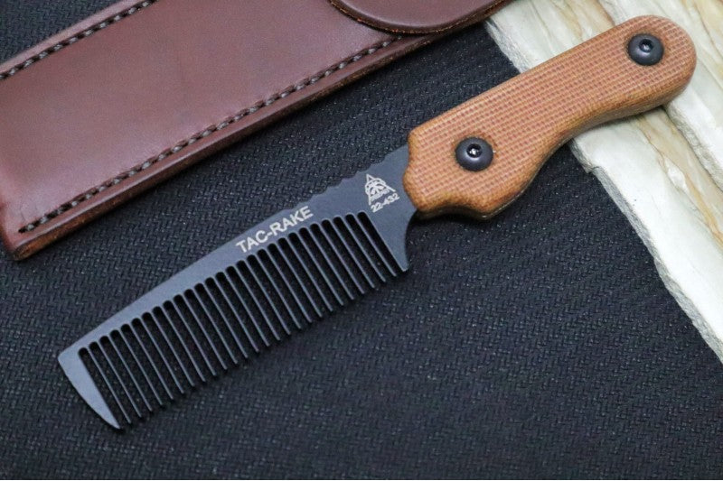 Tops Tac-Rake Beard Comb - Tan Canvas Micarta / Brown Leather Sheath TRAK-01