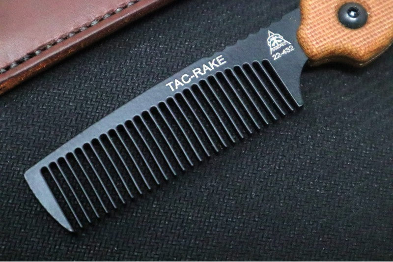 Tops Tac-Rake Beard Comb - Tan Canvas Micarta / Brown Leather Sheath TRAK-01