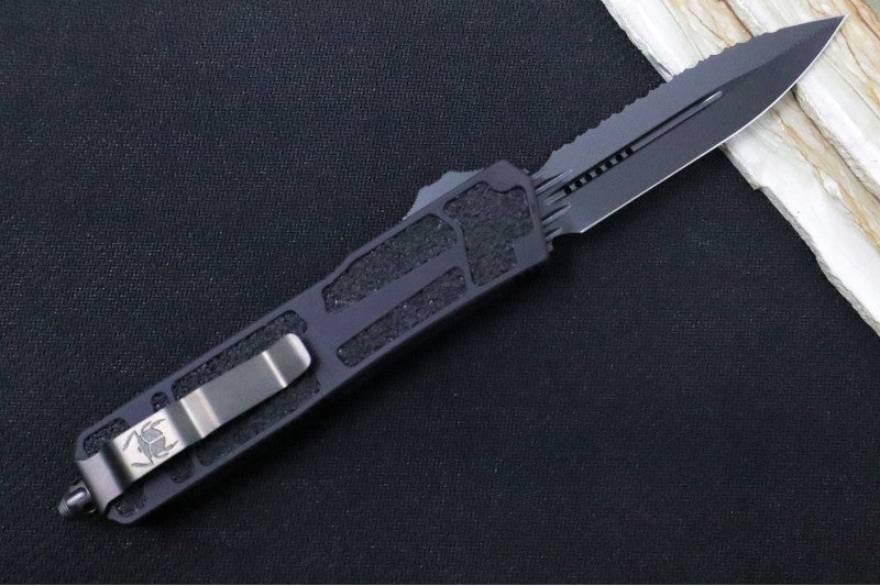 Microtech Scarab II OTF Signature Series - Shadow DLC Finished Blade / Dagger Style with a Full Serrate / Aluminum Black Handle / DLC Hardware 280-3DLCTSH