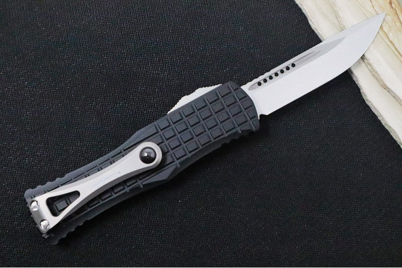 Microtech Hera Signature Series OTF - Stonewashed Finish / Single Edge Style / Black Aluminum Handle with Frag Pattern 703-10FRS