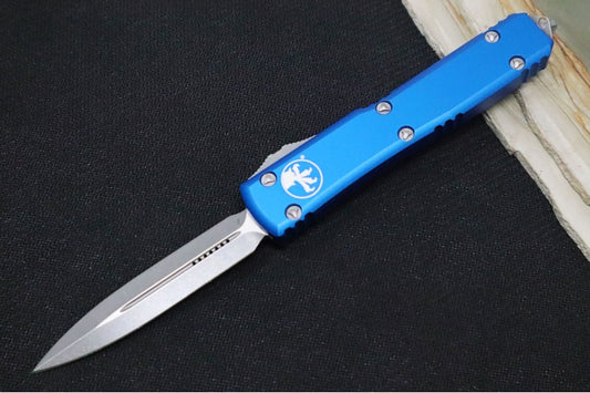 Microtech Ultratech OTF - Apocalyptic Finish / Dagger Blade / Blue Aluminum Handle 122-10APBL