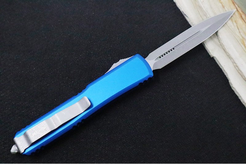 Microtech Ultratech OTF - Apocalyptic Finish / Dagger Blade / Blue Aluminum Handle 122-10APBL