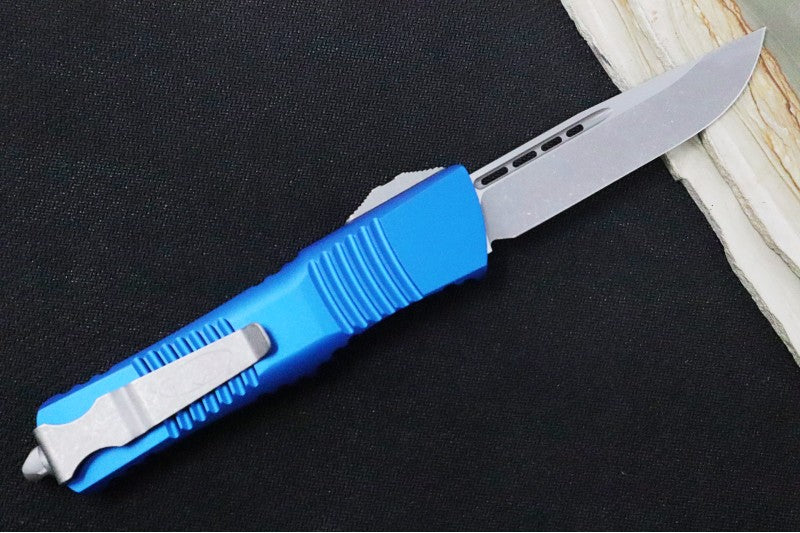 Microtech Combat Troodon OTF - Single Edge Blade / Apocalyptic Finish / Blue Handle- 143-10APBL