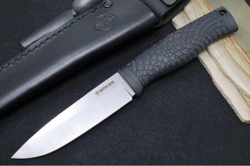 Boker Bronco Bushcraft Fixed Blade - Black TPE Handle / CPM-3V Steel / Satin Drop Point Blade 121504
