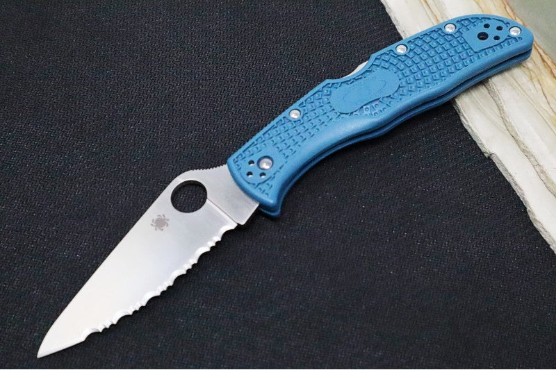 Spyderco Endela - Serrated Leaf Shape Blade / K390 Steel / Blue FRN Handle C243FSK390