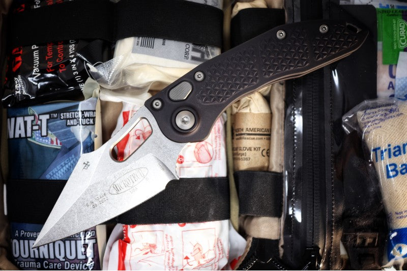 Microtech Stitch Auto - Wharncliffe Stonewashed Blade / Black Textured Milled Aluminum Handle 169-10 - Northwest Knives