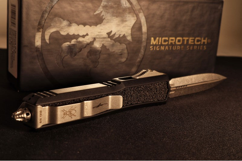 Microtech Signature Series Makora OTF - Bronzed Blade / Dagger Style / Black Anodized Aluminum Handle with Grip-Tape Inlays / Nickel Boron Internals - 206-13S