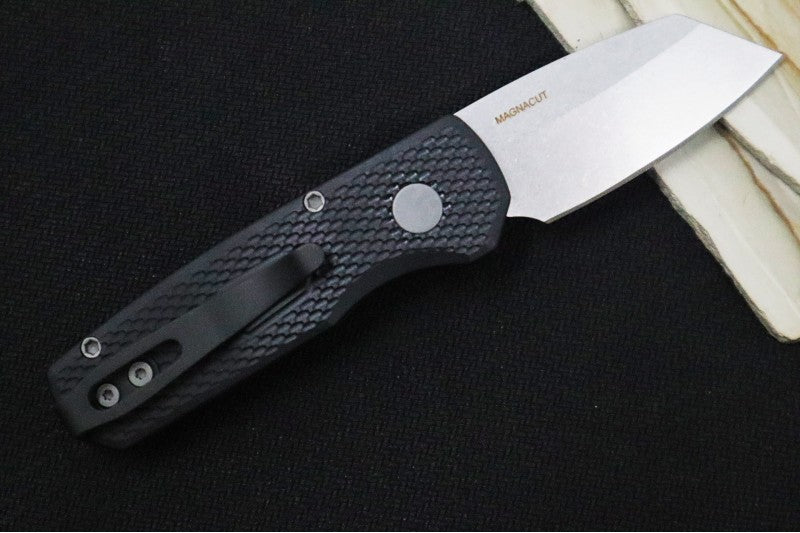 Pro Tech Runt Auto - Black Textured Aluminum Handle / Stonewashed Reverse Tanto Blade / Magnacut Steel R5405