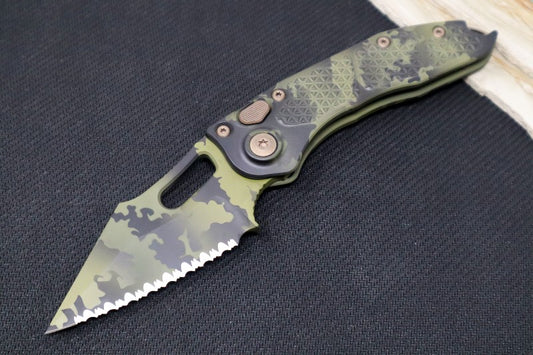 Microtech Stitch Auto - Wharncliffe Olive Camo Blade with Full Serrate / Olive Camo Milled Aluminum Handle 169-3OCS