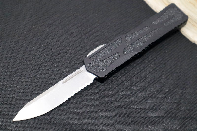 Heretic Knives Colossus OTF - Stonewash Magnacut Serrated Drop Point Blade / Black Anodized Handle w/ Integrated Grip Tape H039-2B