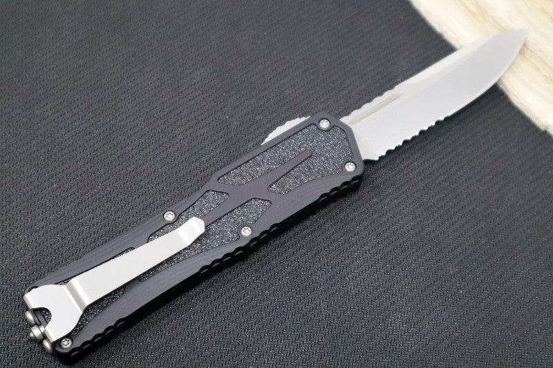 Heretic Knives Colossus OTF - Stonewash Magnacut Serrated Drop Point Blade / Black Anodized Handle w/ Integrated Grip Tape H039-2B