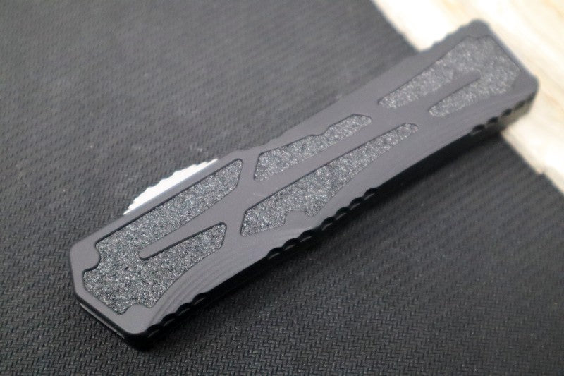 Heretic Knives Colossus OTF - Stonewash Magnacut Serrated Drop Point Blade / Black Anodized Handle w/ Integrated Grip Tape H039-2B