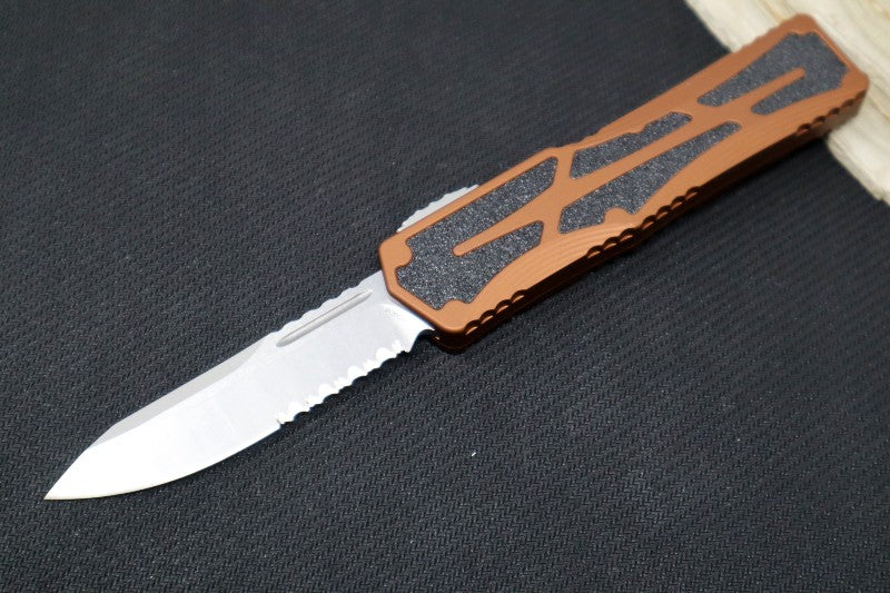 Heretic Knives Colossus OTF - Stonewash Magnacut Serrated Drop Point Blade / Rootbeer Anodized Handle w/ Integrated Grip Tape H039-2B-RB