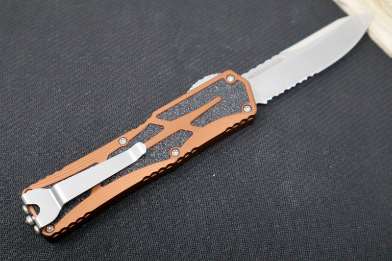 Heretic Knives Colossus OTF - Stonewash Magnacut Serrated Drop Point Blade / Rootbeer Anodized Handle w/ Integrated Grip Tape H039-2B-RB