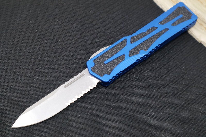 Heretic Knives Colossus OTF - Stonewash Magnacut Serrated Drop Point Blade / Blue Anodized Handle w/ Integrated Grip Tape H039-2B-BLU - Northwest Knives