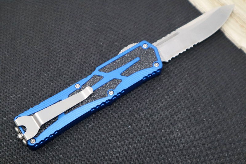 Heretic Knives Colossus OTF - Stonewash Magnacut Serrated Drop Point Blade / Blue Anodized Handle w/ Integrated Grip Tape H039-2B-BLU - Northwest Knives