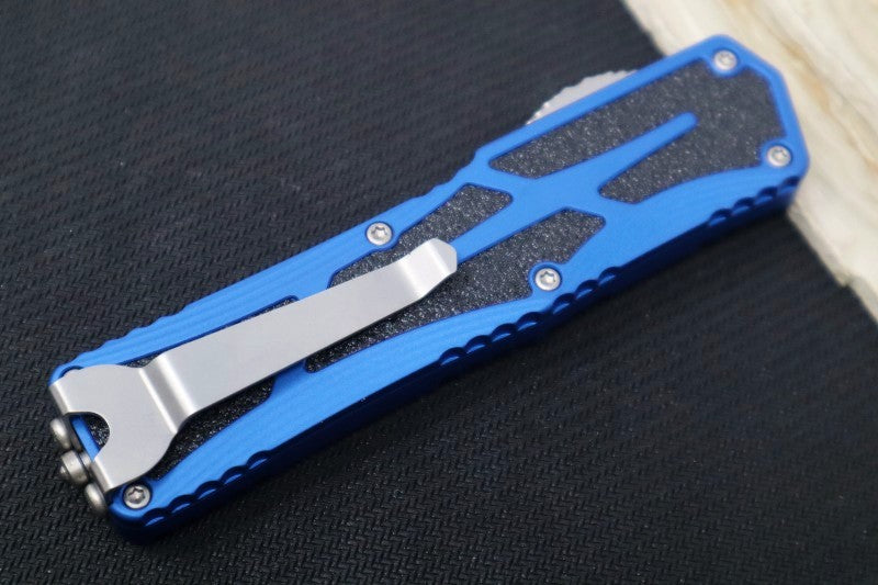 Heretic Knives Colossus OTF - Stonewash Magnacut Serrated Drop Point Blade / Blue Anodized Handle w/ Integrated Grip Tape H039-2B-BLU