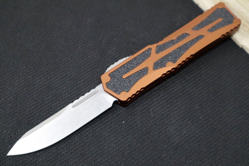 Heretic Knives Colossus OTF - Stonewash Magnacut Drop Point Blade / Rootbeer Anodized Handle w/ Integrated Grip Tape H039-2A-RB