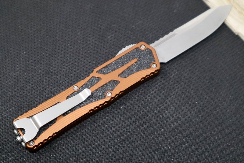 Heretic Knives Colossus OTF - Stonewash Magnacut Drop Point Blade / Rootbeer Anodized Handle w/ Integrated Grip Tape H039-2A-RB - Northwest Knives