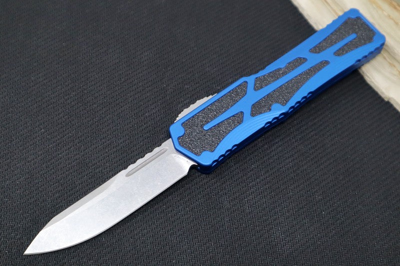 Heretic Knives Colossus OTF - Stonewash Magnacut Drop Point Blade / Blue Anodized Handle w/ Integrated Grip Tape H039-2A-BLU