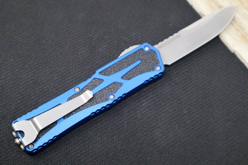 Heretic Knives Colossus OTF - Stonewash Magnacut Drop Point Blade / Blue Anodized Handle w/ Integrated Grip Tape H039-2A-BLU - Northwest Knives