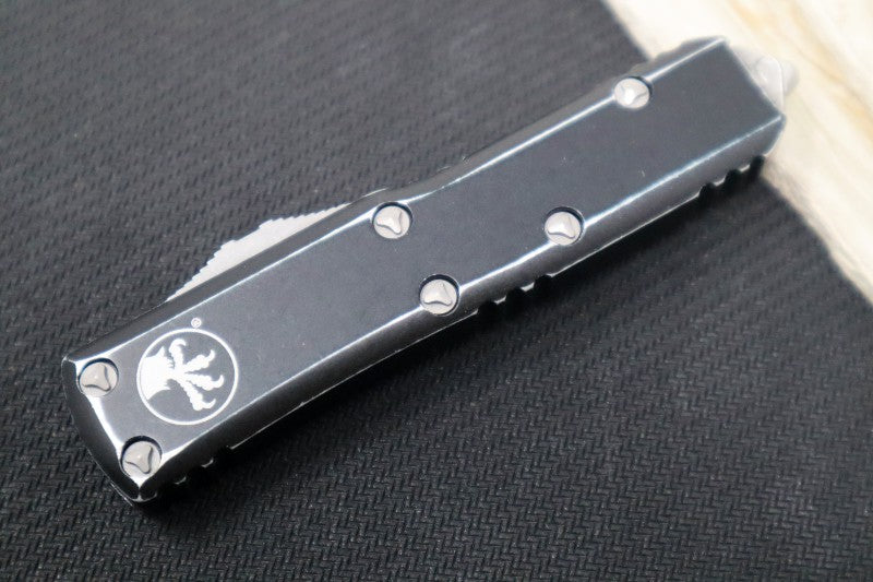 Microtech UTX-85 OTF - Single Edge Blade / Apocalyptic Finish / Black Distressed Aluminum Handle - 231-10DBK