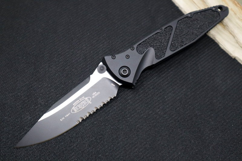 Microtech SOCOM Elite Manual - Black Tactical Partial Serrated Blade / Black Handles w/ Black Inserts 160-2T