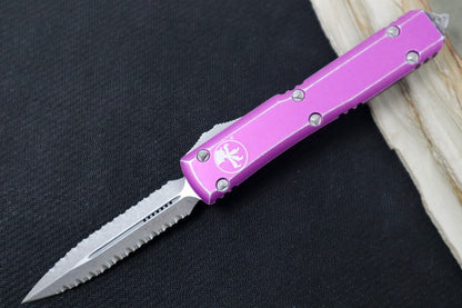 Microtech Ultratech OTF - Apocalyptic Finish / Double Full Serrated Dagger / Distressed Violet Handle 122-D12DVI