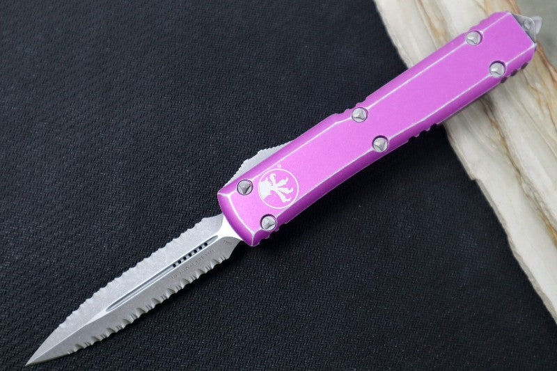 Microtech Ultratech OTF - Apocalyptic Finish / Double Full Serrated Dagger / Distressed Violet Handle 122-D12DVI - Northwest Knives