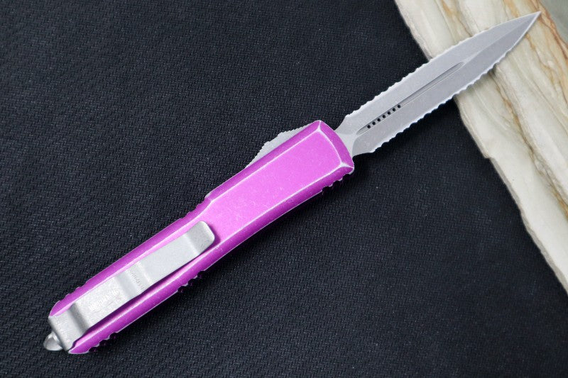 Microtech Ultratech OTF - Apocalyptic Finish / Double Full Serrated Dagger / Distressed Violet Handle 122-D12DVI