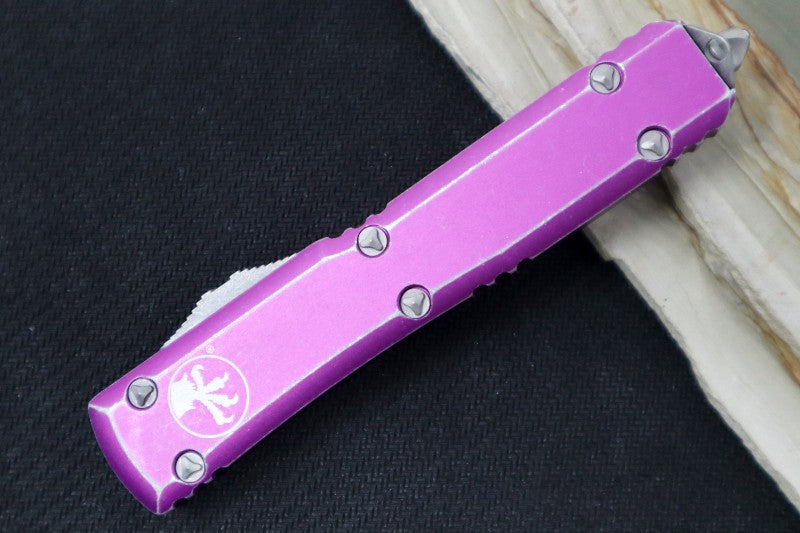 Microtech Ultratech OTF - Apocalyptic Finish / Double Full Serrated Dagger / Distressed Violet Handle 122-D12DVI