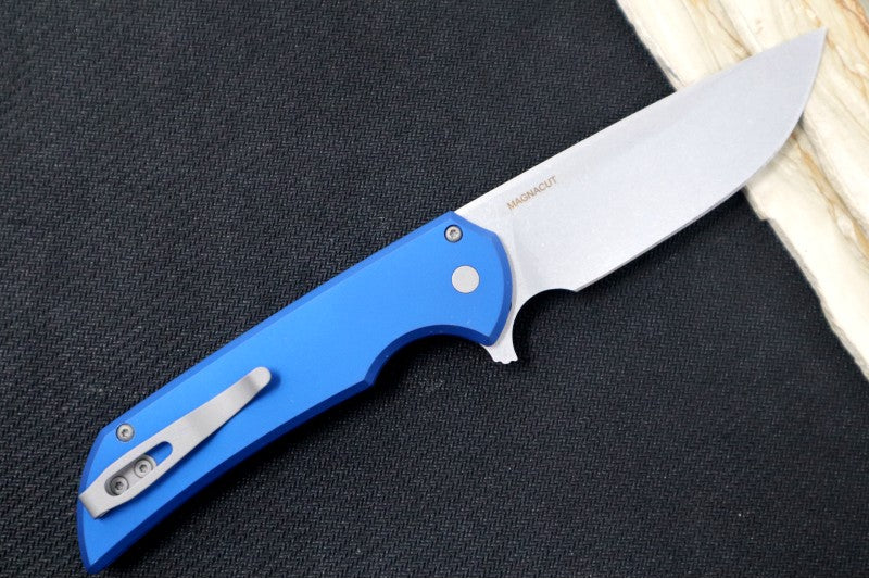 Pro Tech Mordax - Drop Point / Stonewashed Magnacut blade / Blue Aluminum Handle MX101-BLUE - Northwest Knives