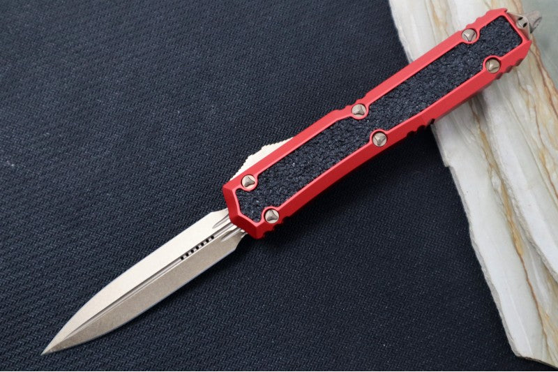 Microtech Signature Series Makora OTF - Bronzed Blade / Dagger Style / Red Anodized Aluminum Handle with Grip-Tape Inlays / Nickel Boron Internals - 206-13RDS