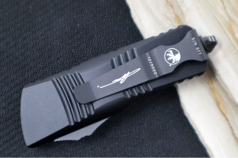 Microtech Mini Troodon OTF Signature Series - Damascus Steel / Dagger Blade /  Black Handle & Ringed Hardware 238-16S