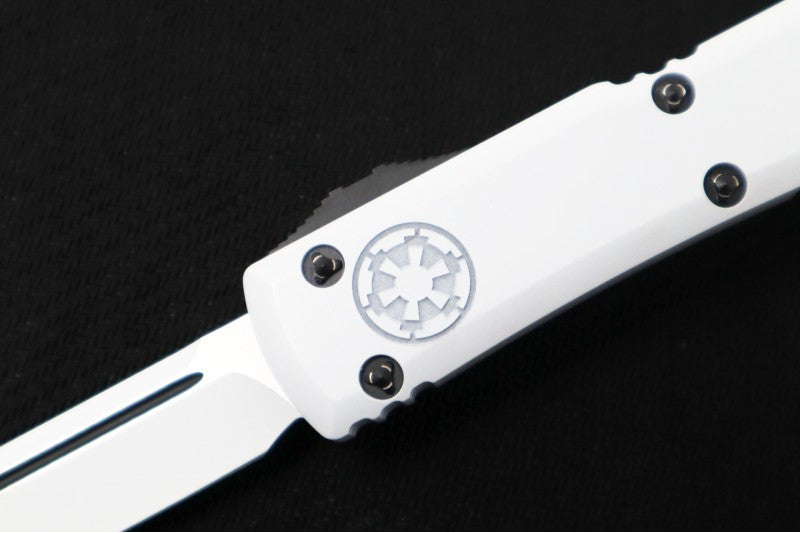Microtech Ultratech Signature Series Stormtrooper OTF - Drop Point / Cerekoted White Blade / White Deep Engraved Handle / Ringed Hardware 121-1STD