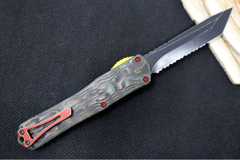 Heretic Knives Manticore-X OTF Bounty Hunter - Battleworn Black finish / Fully Serrated Tanto Blade / Magnacut Steel / Black Anodized Aluminum Handle & Camo Carbon H031-8C-BOUNTY