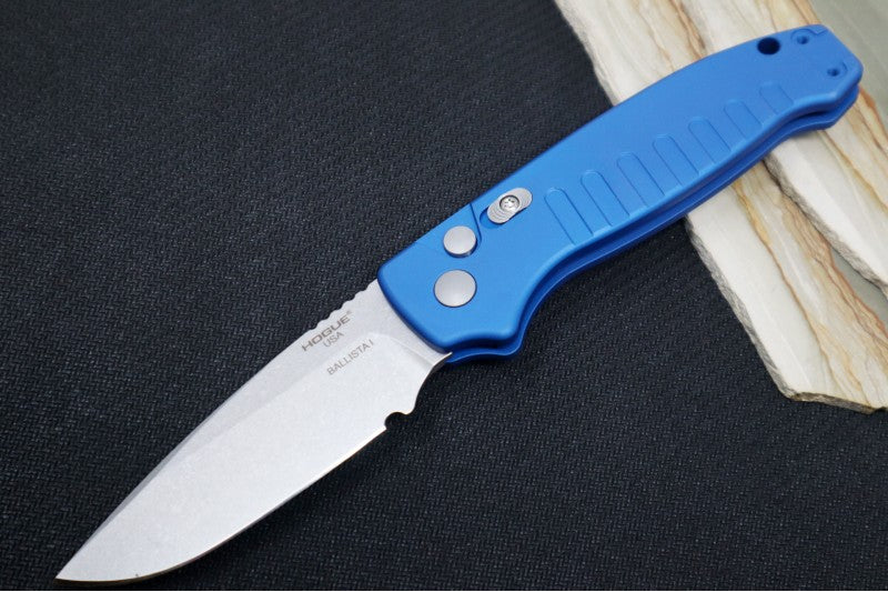 Hogue Knives Ballista - Blue Aluminum Handle / 154CM Drop Point Blade / Tumbled Finish 64133