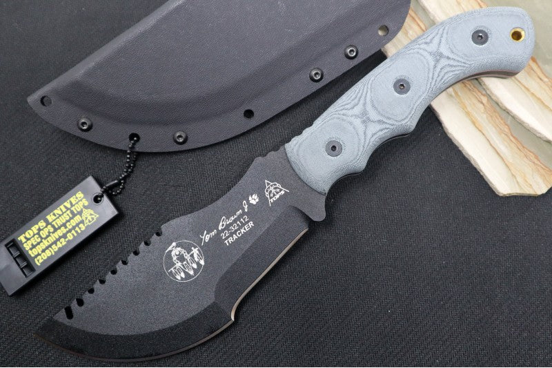 Tops Tom Brown Tracker #1 - 1095 Steel / Black Canvas Micarta Handle / Black Kydex Sheath TBT-010