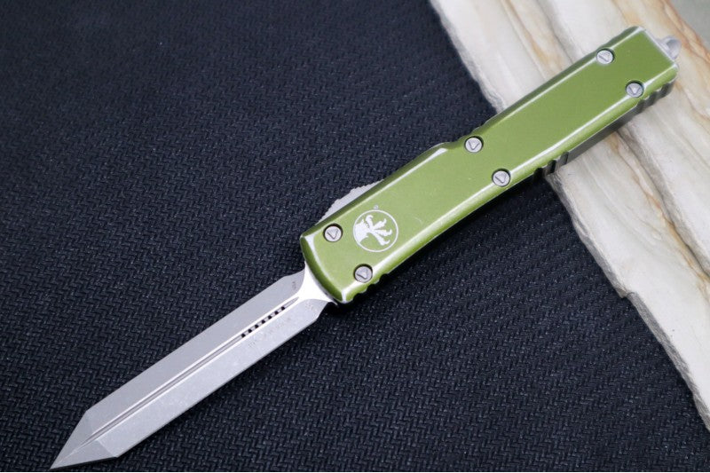 Microtech UTX-70 OTF - Distressed OD Green Handle / Apocalyptic Finish / Spartan Blade 249-10DOD