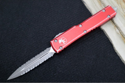 Microtech UTX-70 OTF - Distressed Red Handle / Apocalyptic Finish / Full Serrated Dagger Blade - 147-D12DRD