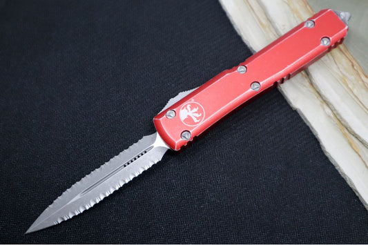 Microtech Ultratech OTF - Double Full Serrated Dagger Blade / Apocalyptic Finish / Distressed Red Aluminum Handle 122-D12DRD