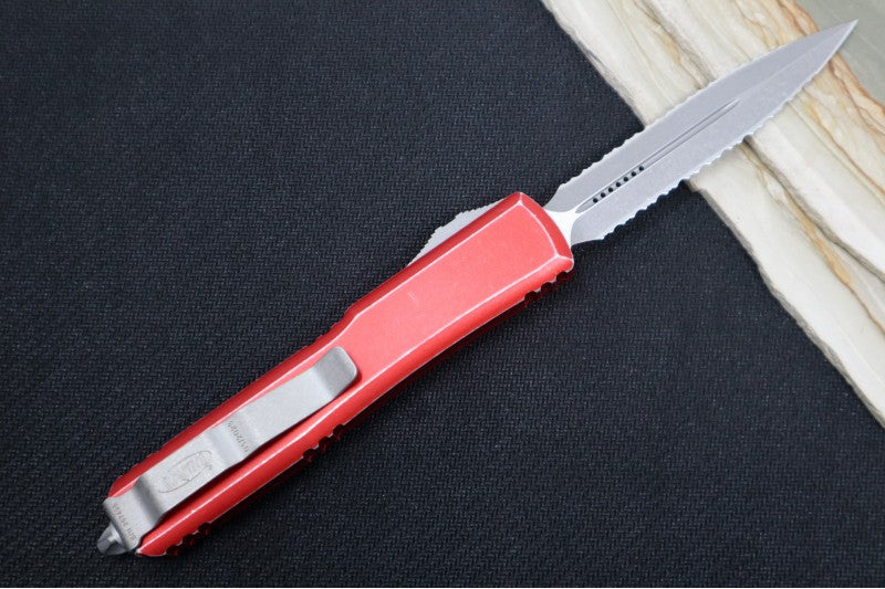 Microtech Ultratech OTF - Double Full Serrated Dagger Blade / Apocalyptic Finish / Distressed Red Aluminum Handle 122-D12DRD